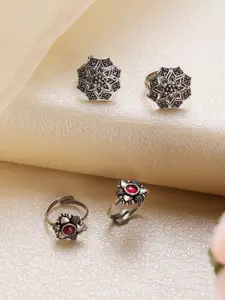 Jazz and Sizzle Set of 2 Silver-Plated Stone-Studded Oxidised Toe Rings