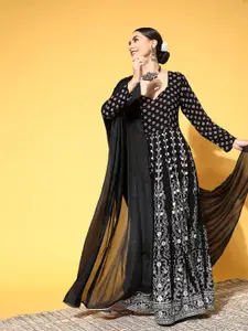 PANIT Ethnic Motifs Printed Fit & Flare Maxi Ethnic Dress With Dupatta