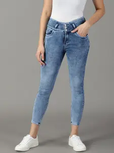 SHOWOFF Women Slim Fit High-Rise Heavy Fade Bleached Cropped Stretchable Jeans