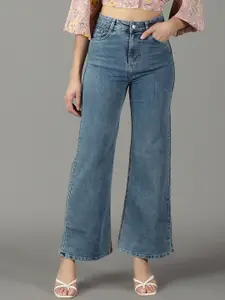 SHOWOFF Women Mildly Distressed Light Fade Wide Leg High-Rise Stretchable Cotton Jeans