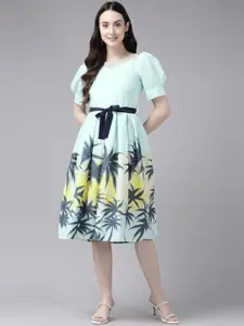 Aarika Tropical Puff Sleeves Sweetheart Neck Georgette Midi Dress