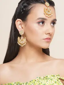 Anouk Gold-Plated Stone-Studded & Pearl Beaded Maangtikaa & Chandbali  Earrings Set