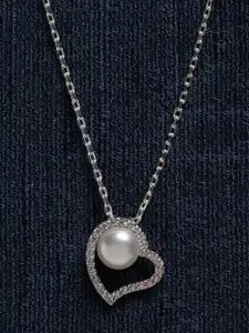 Clara 925 Sterling Silver Rhodium-Plated Pearl Studded Heart Shaped Pendant With Chain