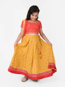 Fabindia Girls Printed Cotton Sequinned Ready to Wear Lehenga & Blouse With Dupatta