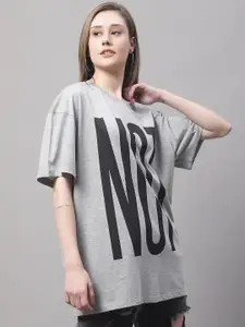 DOOR74 Women Typography Printed Round Neck Cotton Oversize T-shirt