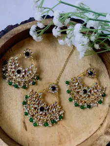 I Jewels Women Gold-Plated Kundan Studded & Beaded Maang Tika and Earrings