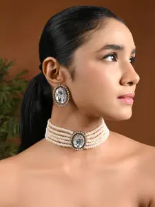 I Jewels Women Gold-Plated Kundan-Studded & Beaded Choker Necklace and Earrings