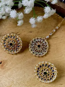 I Jewels Women Gold-Plated Kundan Studded & Beaded Maang Tika and Earrings