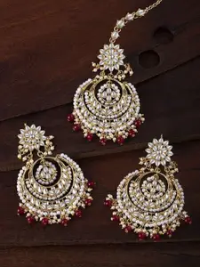 I Jewels Women Gold-Plated Kundan-Studded & Beaded Maang Tika and Earrings