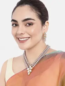 I Jewels Women Gold-Plated Kundan-Studded & Beaded Necklace and Earrings