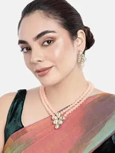 I Jewels Women Gold-Plated Kundan-Studded & Beaded Necklace and Earrings