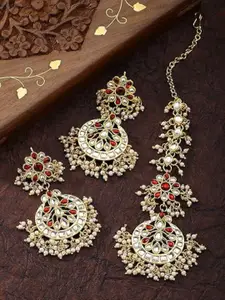 I Jewels Women Gold-Plated Kundan Studded Maang Tika and Earrings