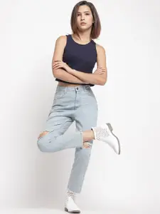 Belliskey Women Boyfriend Fit High-Rise Slash Knee Stretchable Cotton Jeans