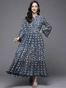 Indo Era Printed Bell Sleeve Fit & Flare Cotton Dress