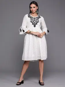 Indo Era Self Design Bell Sleeve Fit And Flare Cotton Ethnic Dress