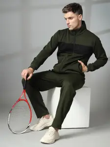 CHKOKKO Men Colourblocked Cotton Fleece Tracksuit