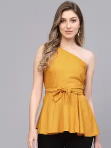 Selvia Yellow One Shoulder Waist Tie-Up Detailed Top