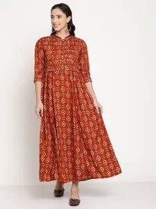 Be Indi Rayon Printed Mandarin Collar Sequence Work Detailing Maxi Dress