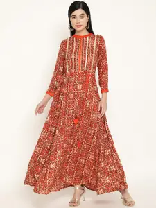 Be Indi Rayon Floral Printed Mandarin Collar Gotta Patti Detailing Maxi Dress