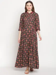 Be Indi Rayon Geometric Printed Mandarin Collar A-Line Maxi Dress