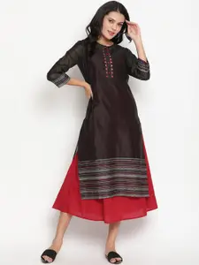 Be Indi Cotton Embroidered Round Neck Mirror Detailing Layered A-Line Midi Dress