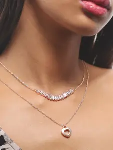 Ayesha Women Rose Gold-Plated Rhinestone & Heart Pendants Layered Necklace