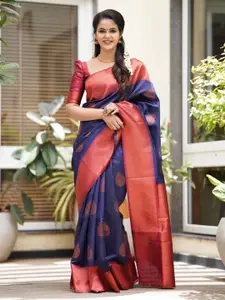 AVANTIKA FASHION Blue & Maroon Woven Design Zari Pure Silk Kanjeevaram Saree