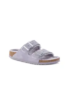 Birkenstock Arizona Shearling Purple Fog Narrow Width Suede Leather Two-Strap Sandals