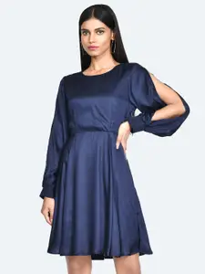 Zink London Round Neck Cuffed Sleeves A-Line Dress