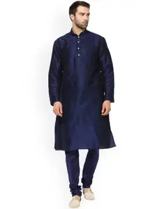 KISAH Men Navy Blue Solid Kurta with Churidar