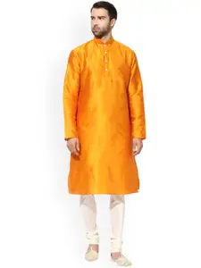 KISAH Men Mustard Yellow & White Solid Kurta with Churidar