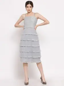 LELA Self Design Net Tiered A-Line Midi Dress
