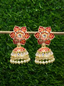 PRIVIU Gold-Plated Stone Studded & Beaded Classic Jhumkas Earrings