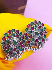 PRIVIU Silver-Plated Stone-Studded Oxidised Classic Drop Earrings