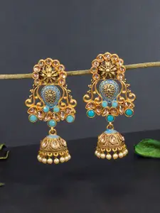 PRIVIU Gold-Plated Stone Studded & Beaded Dome Shaped Jhumkas