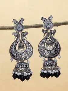 PRIVIU Silver-Plated Stone Studded & Beaded Dome Shaped Jhumkas