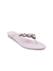 Mochi Women Embellished Open Toe T-Strap Flats