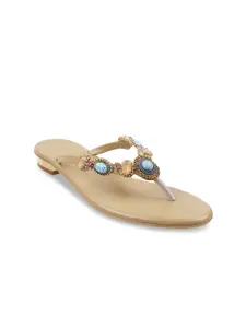 Mochi Women Embellished Open Toe T- Strap Flats