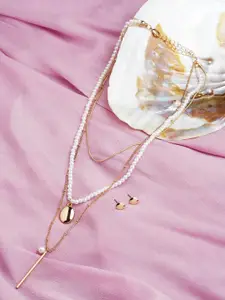 AMI Women Gold-Plated Beaded 3-Layers Necklace and Earrings