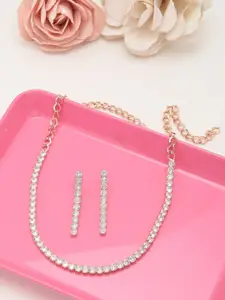 AMI Women Rose Gold-Plated CZ Studded Necklace and Earrings