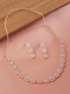 AMI Women Rose Gold-Plated CZ Studded Necklace and Earrings