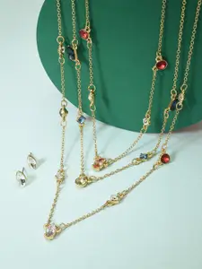 AMI Women Gold-Plated Stone-Studded Layered Necklace and Earrings