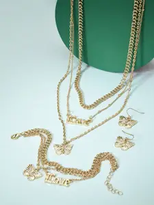 AMI Women Gold-Plated Multi Layered Necklace and Earrings & With Bracelet