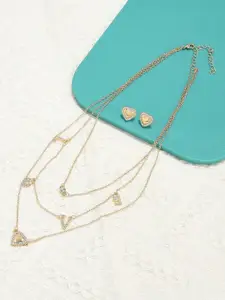 AMI Women Gold-Plated Multi Layered Stone Studded Necklace and Earrings