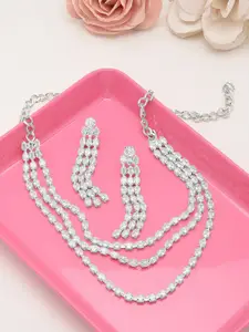 AMI Women Silver-Plated CZ-Studded Layered Necklace and Earrings