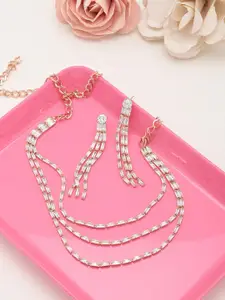 AMI Women Rose Gold-Plated CZ-Studded Layered Necklace and Earrings