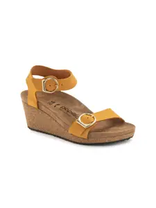 Birkenstock Mustard & Brown Leather Wedge Sandals with Buckles