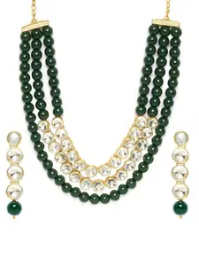 OOMPH Women Gold-Plated Kundan-Studded & Beaded Layered Necklace and Earrings