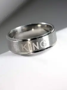 OOMPH Men Stainless Steel Silver-Plated King Inscribed Band Ring