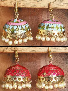 OOMPH Set Of 2 Gold-Plated Dome Shaped Meenakari Jhumkas Earrings